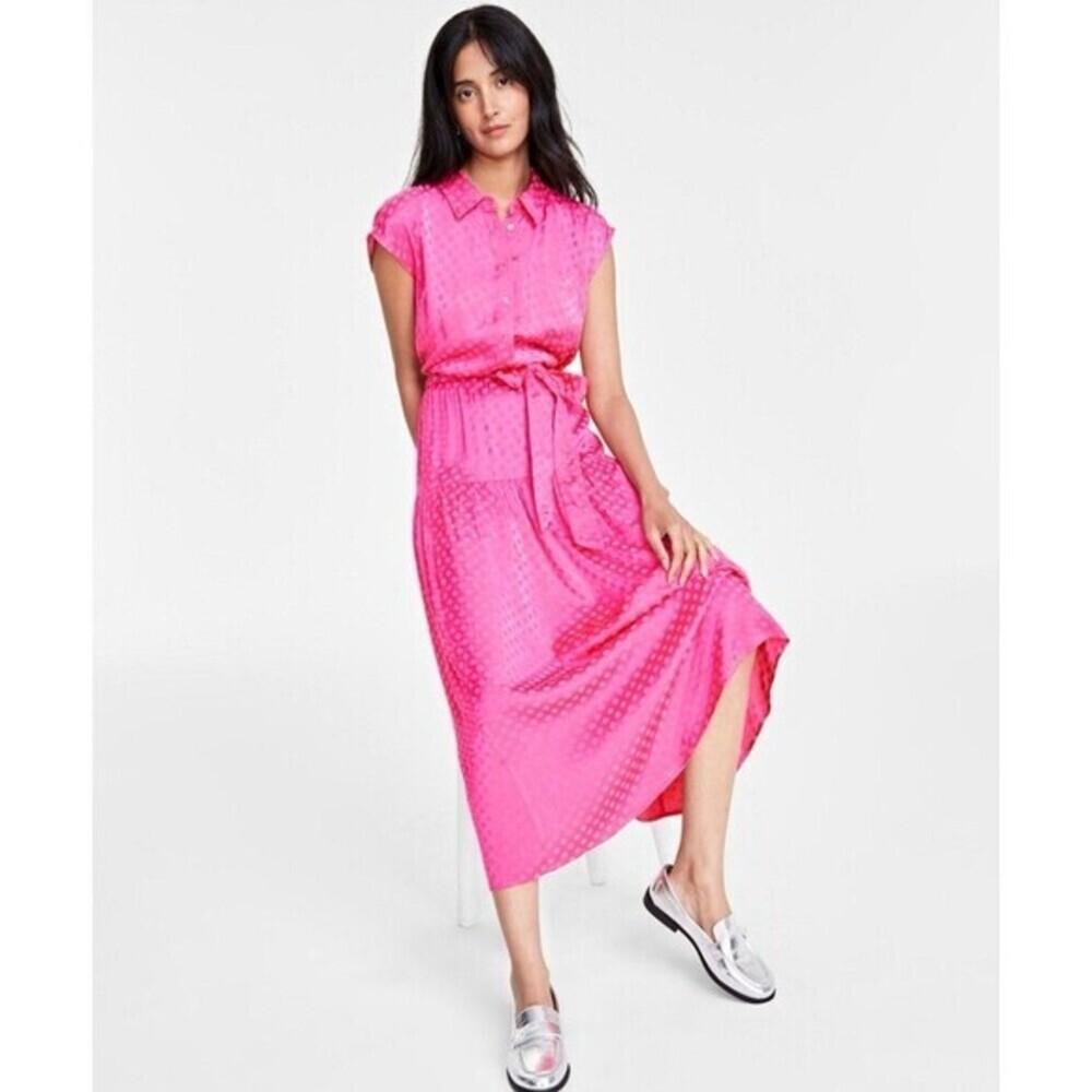 NWT On 34th Women's Tonal Pink Dot Jacquard Cap Sleeve Midi Shirtdress Macy's